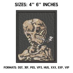 Van Gogh Skull of a Skeleton with Burning Cigarette Embroidery Design File Pes, Art Embroidery design, Art Design,
