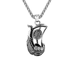 VIking ship with Valknut necklace, Stainless steel nordic jewelry, Pendant
