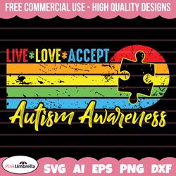 vintage live love accept svg, autism svg, autism awareness svg, autism mom svg, autism puzzle svg, puzzle piece svg