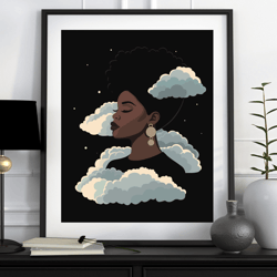 Black woman with head in the clouds art, printable poster, black woman art, black girl art, boho wall art, digital