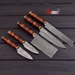 custom handmade damascus steel STACKED PROFESSIONAL CHEF KNIFE // SET OF 5 with leather bag, mktraders, mk3513m