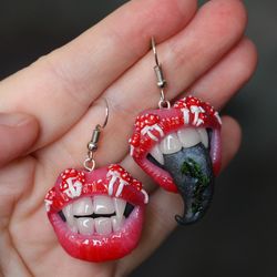 Red lip earrings with fly agaric