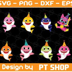 6 family sharks birthday character with pink fong svg,png,shark's friends svg, pink fong svg
