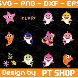 6 family sharks character with pink pong and friends svg,png,shark's friends svg, pink fong svg