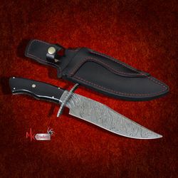 CUSTOM HANDMADE DAMASCUS STEEL BOWIE HUNTING KNIFE WITH LEATHER SHEATH, HAND FORGED KNIFE, HANDMADE KNIFE, MK3398M