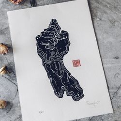 linocut print raised fist original art gift for boxer friend home decor gothic style silhouette painting artwork