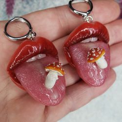 ombre red  lips earrings with a mushroom polymer clay