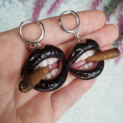 black lips earrings with a blunt  polymer clay