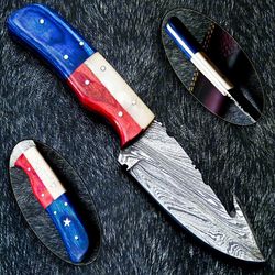 8" Inch Handmade Damascus Steel Hunting knife Handle Camel Bone leather Sheath Handle and Clip, Hand forged Damascus