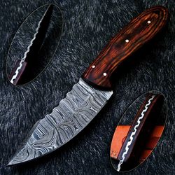 8" inch handmade damascus steel hunting knife handle hard wood leather sheath handle and clip, hand forged damascus