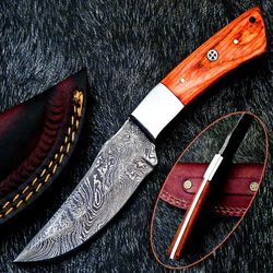 8" Inch Handmade Damascus Steel Hunting knife Handle Hard Wood leather Sheath Handle and Clip, Hand forged Damascus