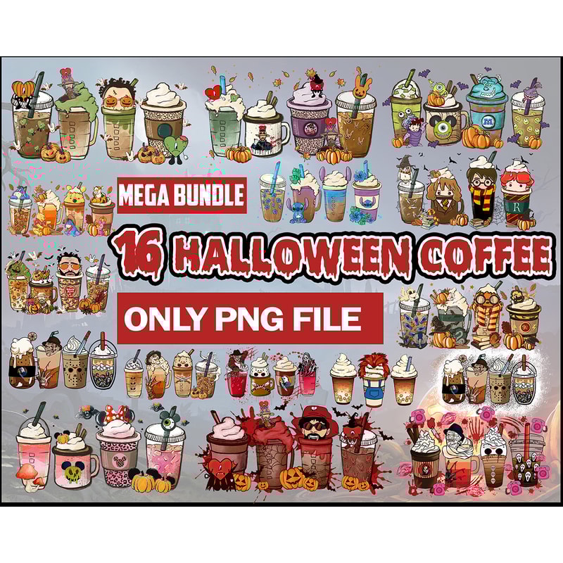 16 Halloween Coffee Png Bundle, Halloween Boo Coffee Png, Villains Latte, Fall latte png, Horror Movie Inspired Coffee, Sublimation design Png Instant Download.