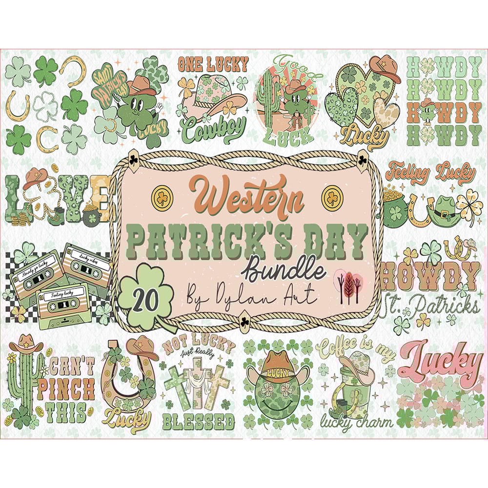20 Western st patrick's Png bundle, howdy shamrocks png, retro st patricks day, holiday png, irish png, sublimation png, png for sublimation Digital Instant Dow
