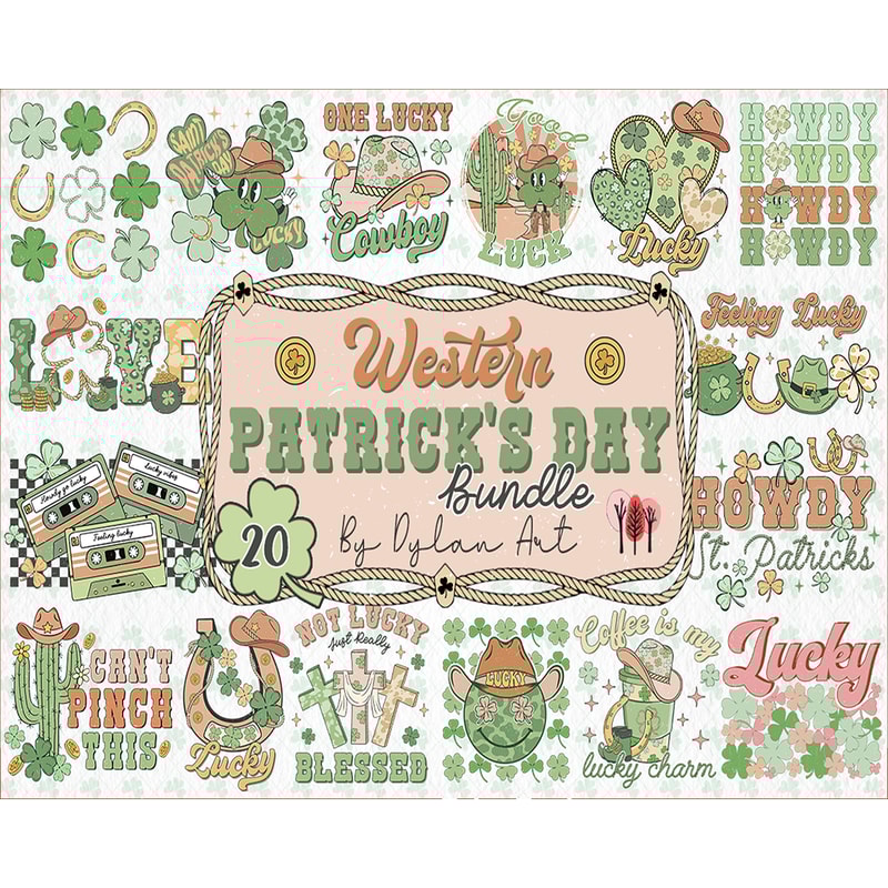 20 Western st patrick's Png bundle, howdy shamrocks png, retro st patricks day, holiday png, irish png, sublimation png, png for sublimation Digital Instant Dow