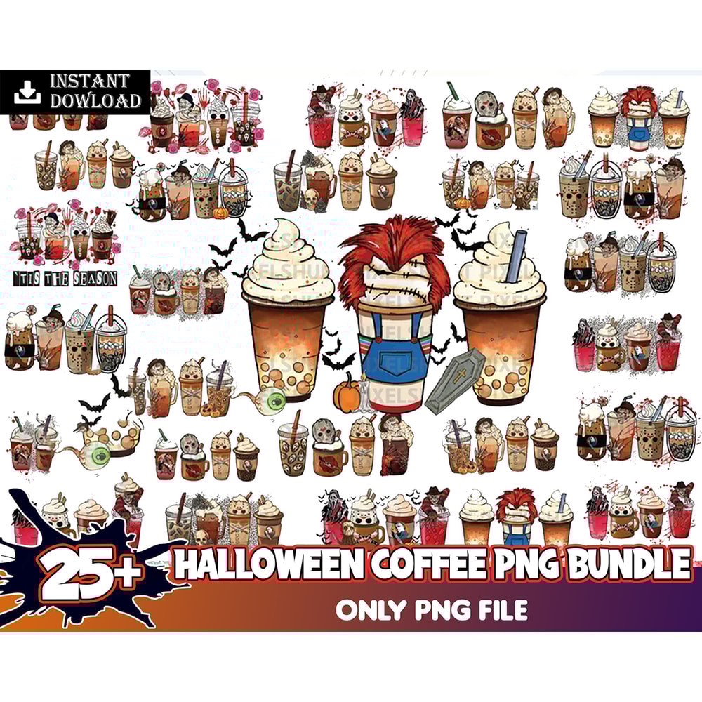 25 Halloween Coffee Latte Mega Bundle, Tis The Season Png, Mega Bundle Fall Coffee PNG, Pumpkin Spice Latte Iced Digital File Instant Download.jpg