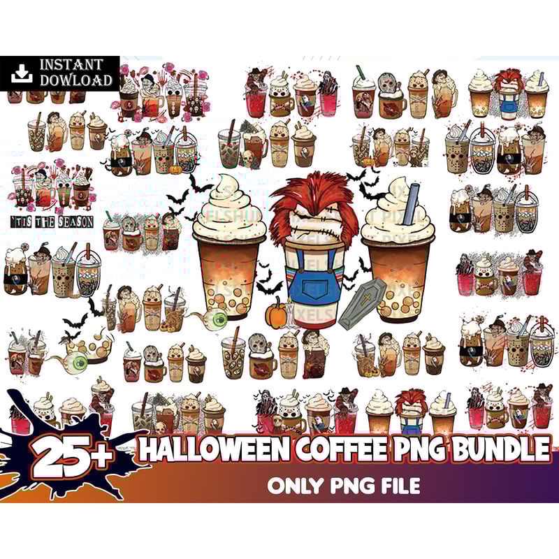 25 Halloween Coffee Latte Mega Bundle, Tis The Season Png, Mega Bundle Fall Coffee PNG, Pumpkin Spice Latte Iced Digital File Instant Download.jpg