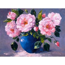 Roses Painting Flowers Original Art Impressionist Art Impasto Artwork Floral Painting Pink Roses Painting 16"x12"