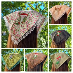 triangle hair scarf/ mushroom bandana embroidered with ties/ head wrap/ hair kerchief/ cottagecore/ whimsigoth/ frogcore