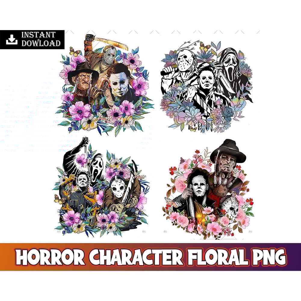 4 Halloween floral png, Horror Character, PNG, digital download, matching file, horror movie, Halloween Png Digital Instant Download.jpg