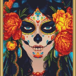 mexican skull girl cross stitch pattern, modern cross stitch  pattern,horror cross stitch pattern