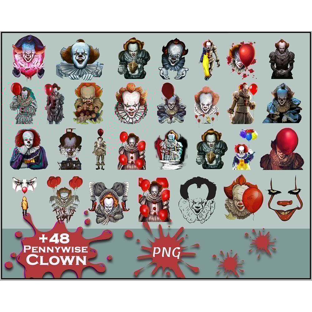 48 Pennywise Clown PNG ,Halloween Horror Movies Characters Bundle PNG Printable, Png Files For Sublimation Designs Digital Download.jpg