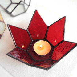 Fall wedding decor unique red glass candle holder - stained glass art - red stain glass fall decor candlestick holder