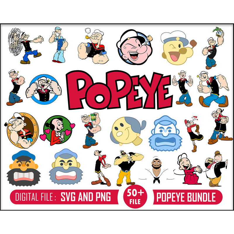 50 Popeye svg, Popeye Bundle svg, Bluto svg, Sweet Pee svg, Olive svg, Popeye Cricut, Silhouette, Cut File, svg, dxf, png.jpg