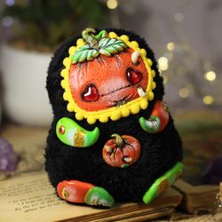 Pumpkin toy art creepy doll fluffy monster handmade plush pumpkin ooak gift for halloween black cute toy collectible