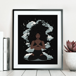 Black woman meditating on the clouds art, printable poster, black woman art, black girl art, boho wall art, yoga art