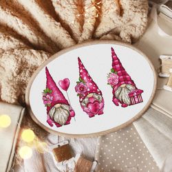 pink gnome cross stitch pattern, valentines day cross stitch, valentines gnome cross stitch, love cross stitch, pdf file