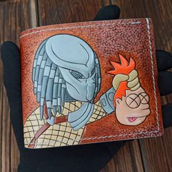 Meme wallet Predator, Shut up and take my money wallet, hand tooled, painted and stitched men bifold leather wallet