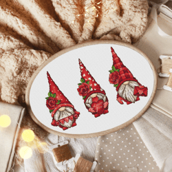 red gnome cross stitch pattern, cross stitch gnomes, flower cross stitch, red rose cross stitch, funny cross stitch, pdf