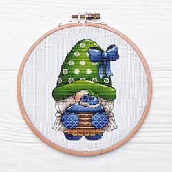Gnome Baker Cross Stitch Pattern PDF, Green Hat Girl Dwarf Cross Stitch, Nursery Embroidery, Funny Home Gift