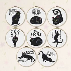 Black Cat Cross Stitch Pattern Set of 8, Simple Cross Stitch, Cat Lover Gift, Cat Embroidery, Funny Cat Cross Stitch