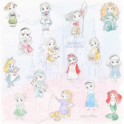 15 PNG Watercolor princess clipart , Baby Princess with pets, little Princess Png, Frozen, Tangled, Baby Mermaid Png