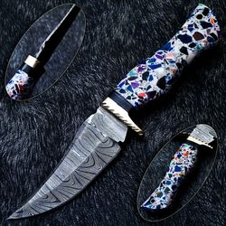 Hand Forged Damascus Full Tang Bowie Hunting Knife Blade With Leather Sheath
