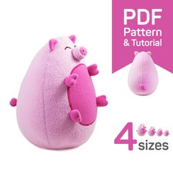 pig sewing pattern: plush fat pig toy pattern pdf & tutorial - cute stuffed animal pattern instant download, piglet diy