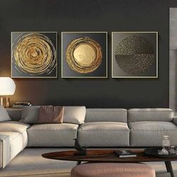 set of 3 painting gold leaf abstract, modern acrylic painting on canvas, large gold leaf abstract painting