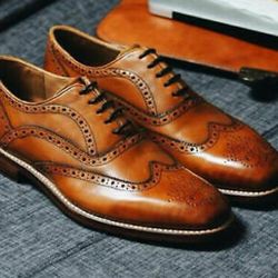 Handmade Men's Wingtip Brogue Brown Leather Formal Dress Casual Wear Boots