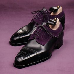 Men's Black & Purple Suede leather Oxford Brogue lace Up shoes