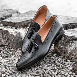 Men's Black Leather Oxford Brogue Tassels Dress Shoes
