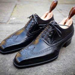 Men's Black Leather Oxford brogue Wing Tip lace up shoes