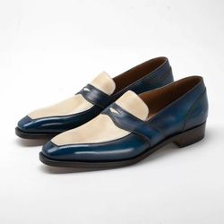 Men's Blue & White Leather Moccaisons Shoes