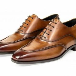 Men's Brown Handstitched Round Toe Lace Up Slip On Shoes
