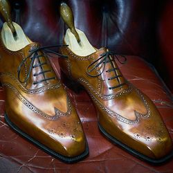 Men's Brown Leather Oxford Brogue Wing Tip Lace Up Dress Shoes