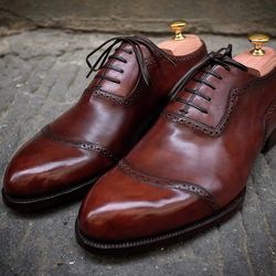 Men's Brown Leather Oxford Brogue Wing Tip Lace Up Shoes