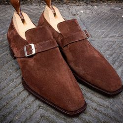 Men's Handmade Brown Suede Single Buckle Shoes