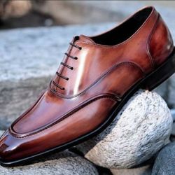 Men's Handmade  Wing Tip Forest Patina Shoes