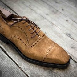 Men's Handmade Beige Suede Oxford Brogue Toe Cap Lace Up Dress Shoes
