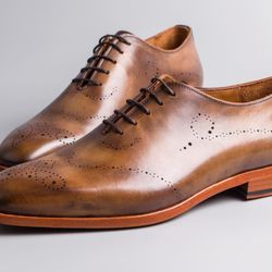 Men's Handmade Brown Patina Leather One Piece Lace Up Dress Shoes